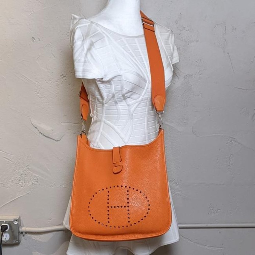 Hermes Evelyne Iii Gm Large Clemence Orange Leather Cross Body Bag - Picture 12 of 12